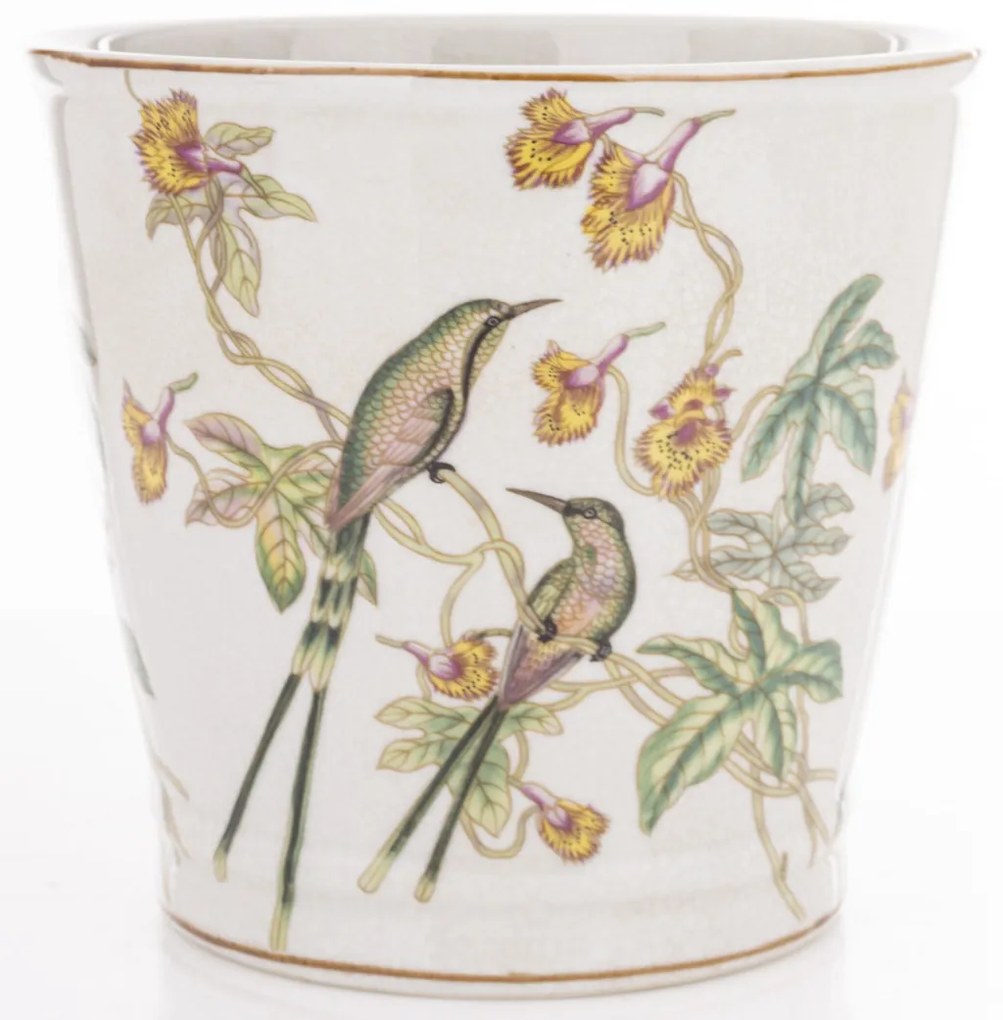 Törtfehér vintage szögletes porcelán 3db-os virágtartó kaspó szett kolibrikkel festve 12x13,5x13,5 / 17,5x16x16 / 21x23x23cm