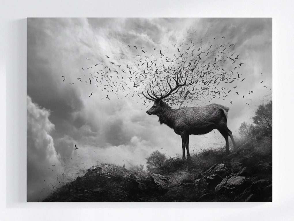 Poszter Absztrakt Természet Szarvas Madarak Szürke Hegyek 100x75