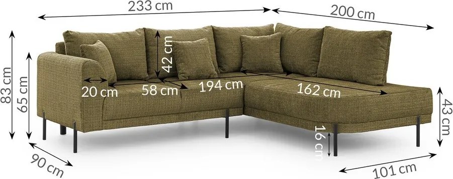 Zöld zsenília sarokkanapé (jobb oldali-L alakú) Mauris – Ropez