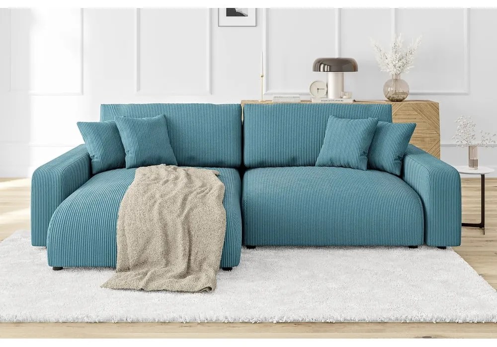 Türkiz kordbársony kinyitható sarokkanapé Sara – Ropez
