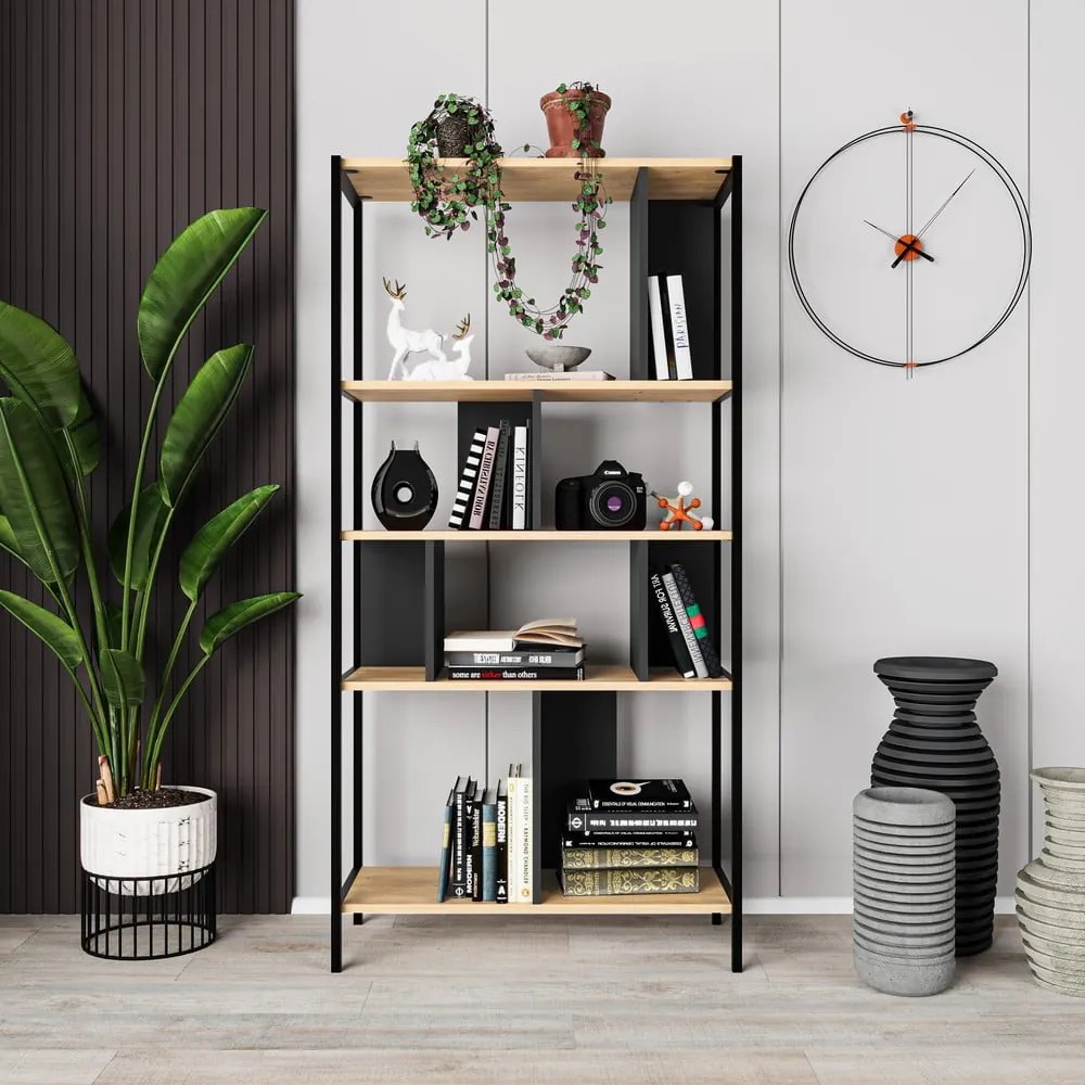 Fekete-natúr színű könyvespolc tölgyfa dekorral 88x175 cm Alabama – Marckeric