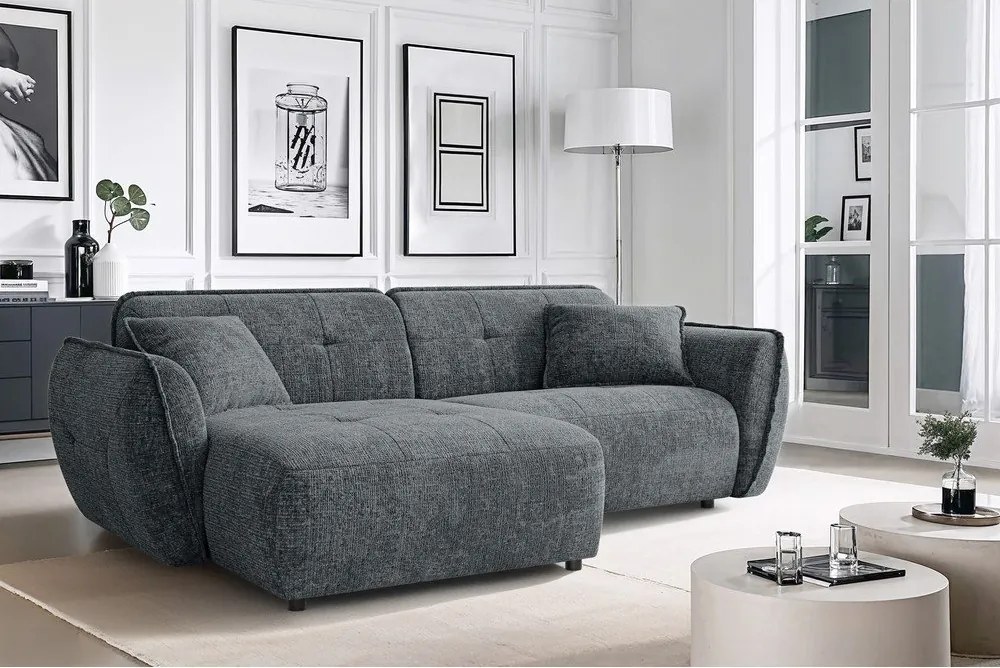 Sötétszürke zsenília sarokkanapé (bal oldali-heverő résszel) Nelia – Ropez