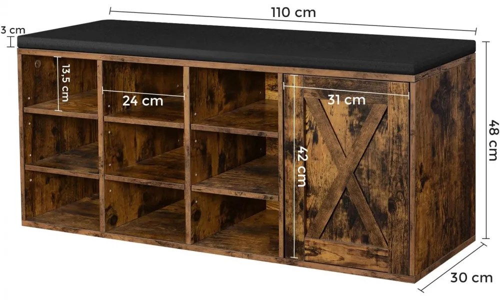 Cipőtároló pad 9 rekesszel és szekrénnyel, rusztikus barna 110x30x48cm