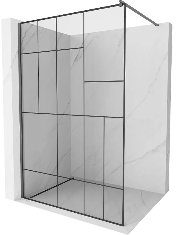 Mexen Kioto, Walk-In zuhany paraván 110 x 200 cm, 8 mm átlátszó üveg fekete mintás, grafit profil, 800-110-101-95-78