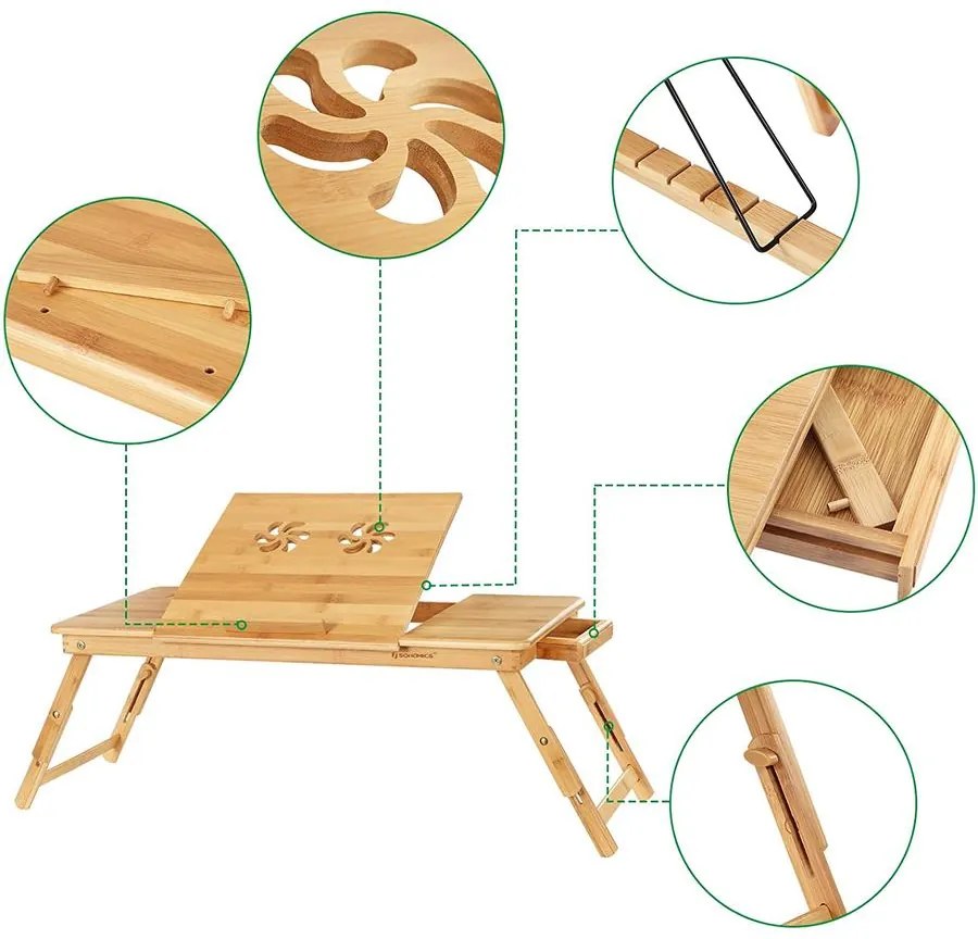 Bambusz laptop asztal, összecsukható reggeliző tálca