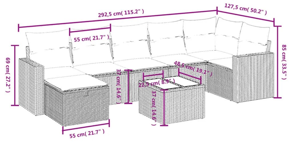 8 részes szürke polyrattan kerti ülőgarnitúra párnákkal