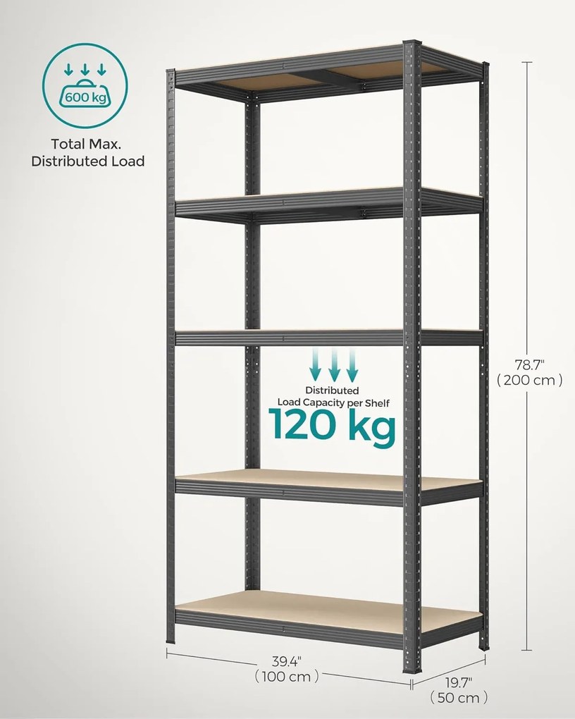 5 szintes fém tároló polc, teherbírás 600 kg, 50 x 100 x 200 cm, szürke