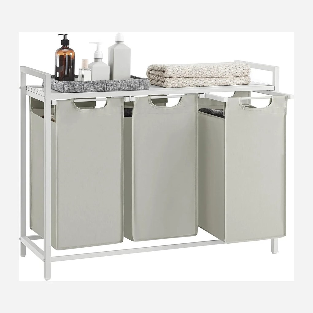 Szennyestartó, 3 rekeszes szennyeskosár fém kerettel, fehér