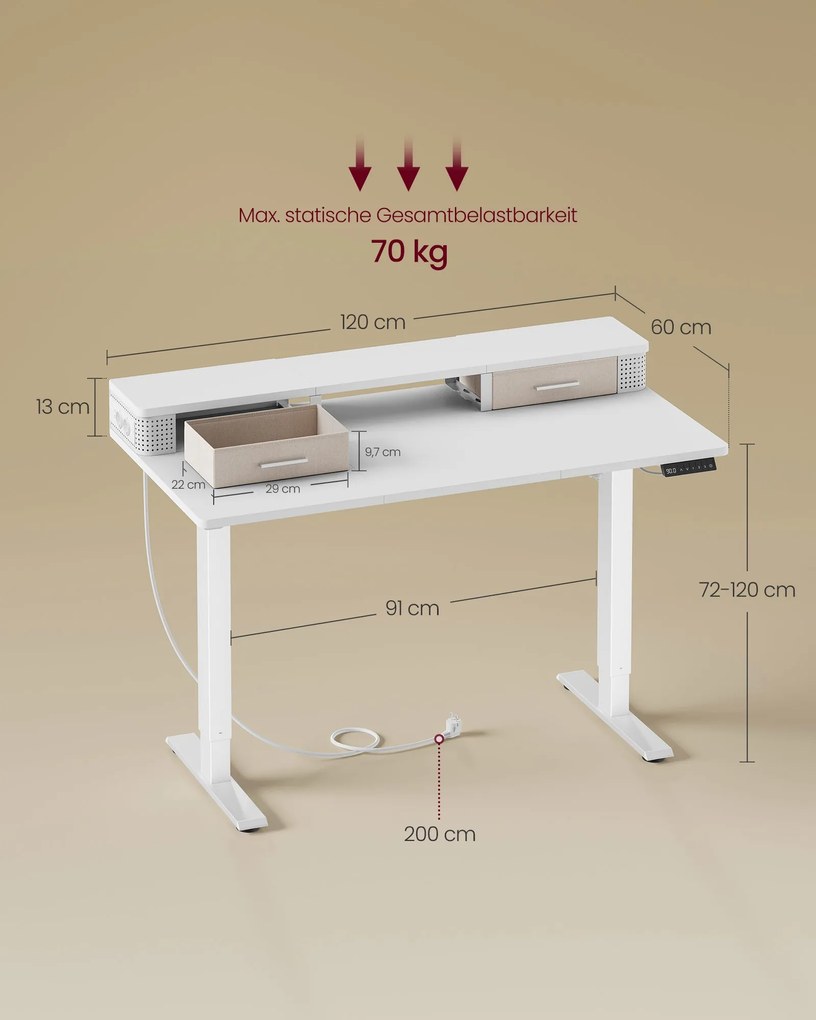 VASAGLE elektromos állítható íróasztal, 120x60 cm, memória funkció, fehér, cserélhető állítható lábakkal és görgőkkel