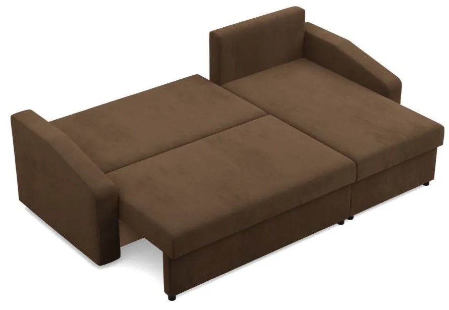 Zeus sarokkanapé, 2 ágyneműtartóval, döntött kartámasz, szövet anyag, univerzális oldal, hab töltet, barna