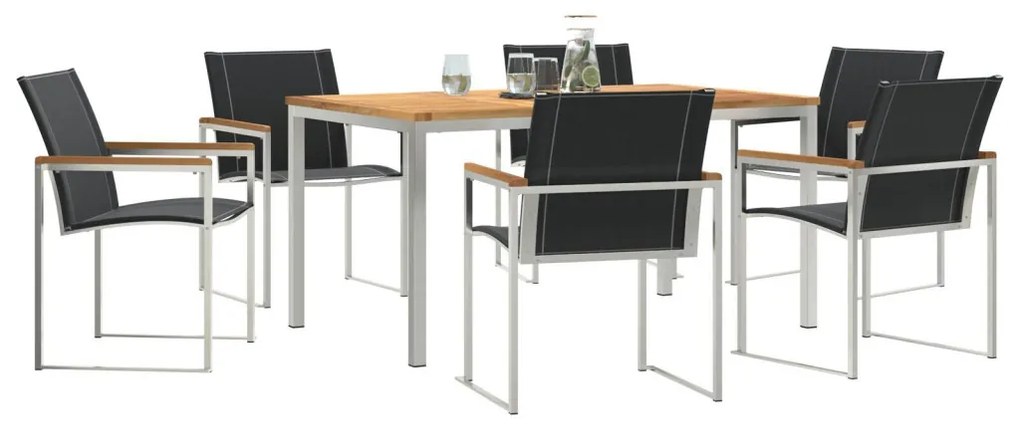 7 Darabos Kerti Étkezősor Tömör Akácfából, Kültéri Étkezőasztal 150x90x75 cm Tömör Akácfából