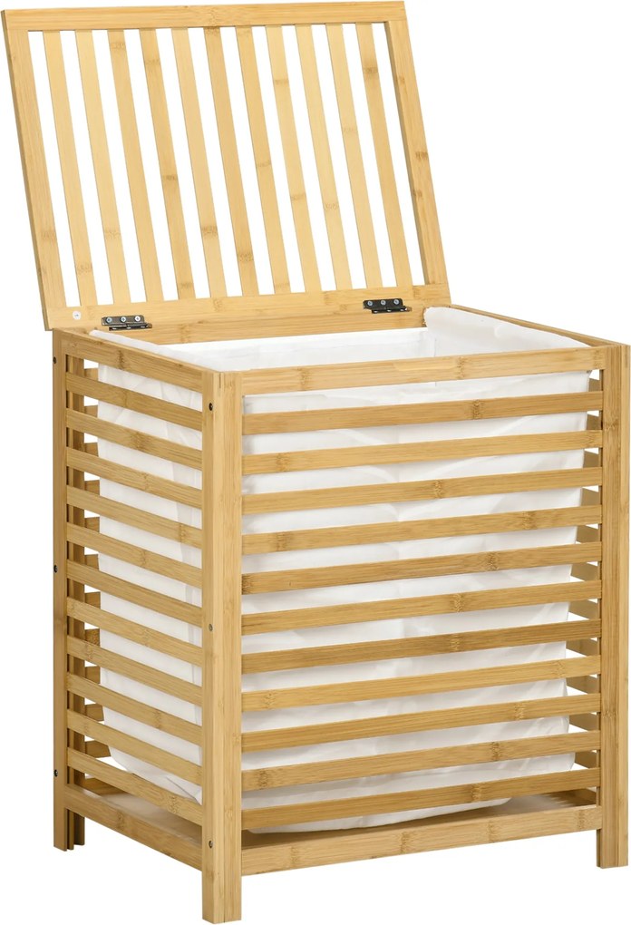 HOMCOM 55L-es Ruhák Kosara, Fedéllel, Kivehető Szennyes Táskával, Hálószobába, Fürdőszobába, Bambusból, 50 x 36 x 60 cm, Természetes | Aosom
