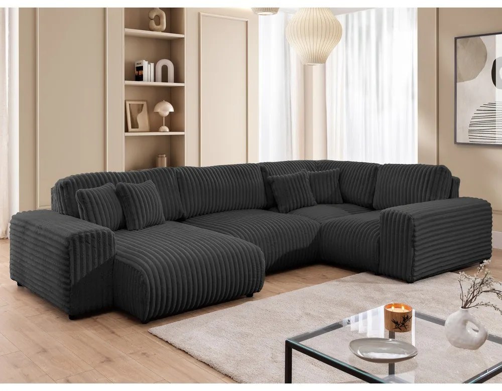 Sötétszürke kordbársony sarokkanapé (jobb oldali-U alakú) Justin – Ropez