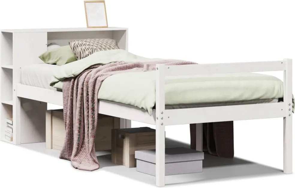 vidaXL fehér tömör fenyőfa könyvespolcos ágy matrac nélkül 75 x 190 cm