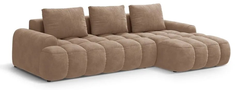 Világosbarna bársony kinyitható-tárolóhelyes sarokkanapé (jobb oldali-heverő résszel) Linz – Cosmopolitan Design