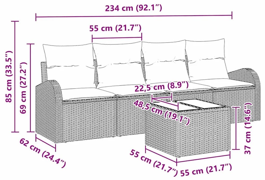 Kerti Kanapé Szett 5 pcs Barna 55 x 55 x 37 cm Poli rattan