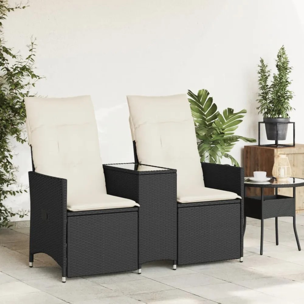 2 személyes fekete polyrattan dönthető kerti kanapé asztallal