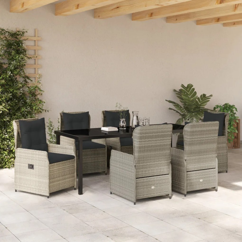 7 Darabos Kerti Étkezőszett Világosszürke Polirattan, Kerti Asztal Fekete 200x80x73 cm Edzett Üveg