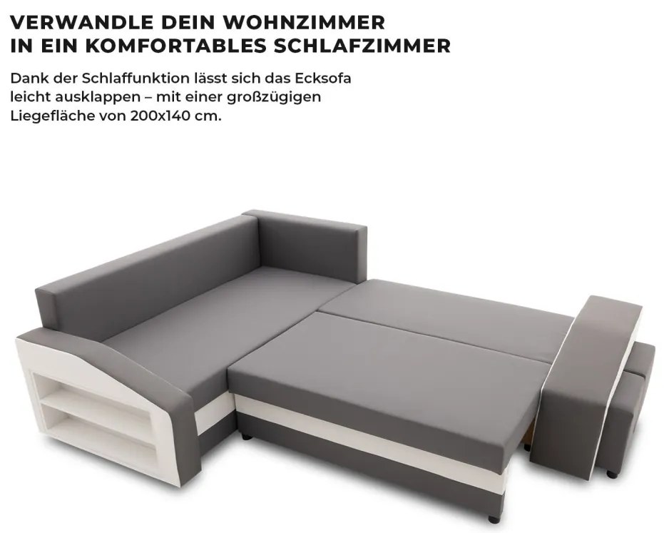 Grande sarokkanapé polcokkal és puffokkal , polc a bal karfaban puffok a jobb karfaban, baloldali, szövet anyag, hab töltet, szürke - fehér