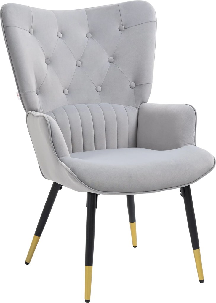 HOMCOM Egyszemélyes Fotel Hálószobába és Nappaliba, Bársonyos Kárpitozású, Magas Hátú Karfával, Acél Lábbal, Modern Stílus, 68x72x103 cm, Szürke | Aos