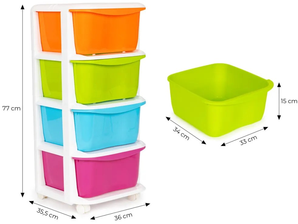 Guruló fiókos játéktároló szekrény 4 részes, pasztel 36x35.5x74 cm