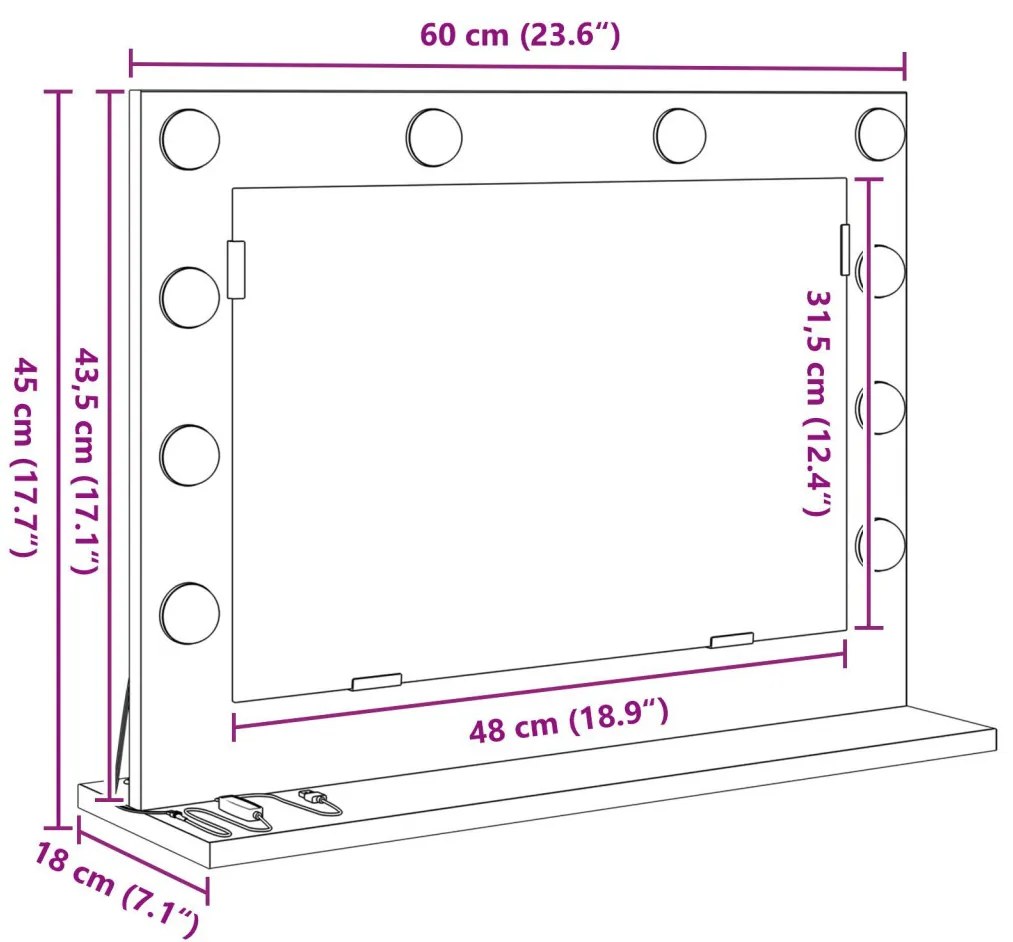Toalett Tükör LED -es lámpákkal Fekete tölgy 60 x 45 x 18 cm