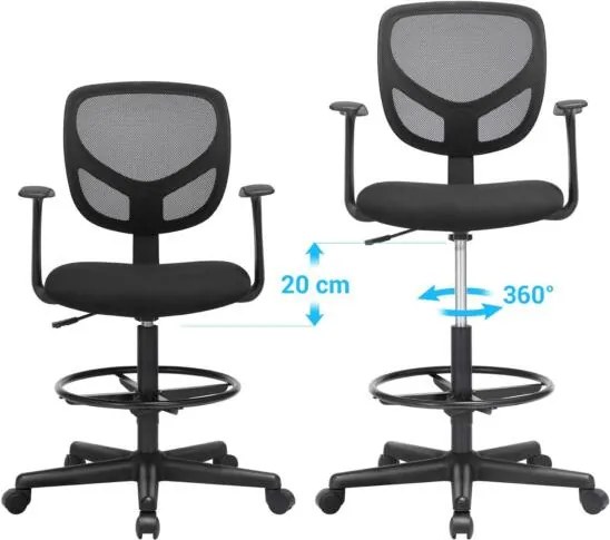 Ergonomikus irodai szék kartámaszokkal, magas forgó szék 55-75 cm ülésmagasság, fekete