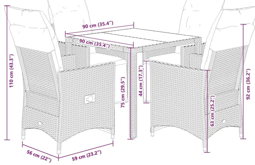 5 részes barna polyrattan kerti bisztrógarnitúra párnákkal