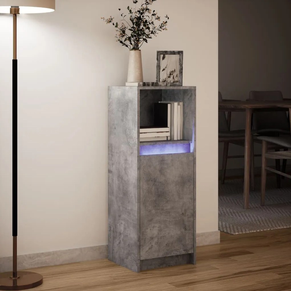 betonszürke szerelt fa tálalószekrény LED-del 38 x 34 x 100 cm