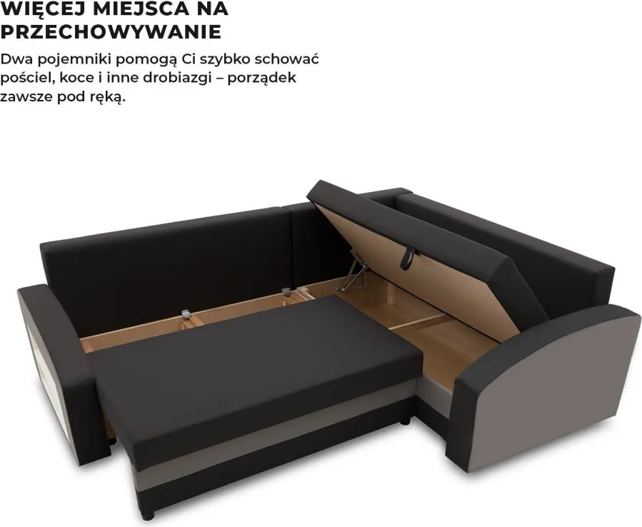 Grande sarokkanapé polcokkal , polc a bal karfaban, jobboldali, szövet anyag, bonell töltet, fekete - szürke