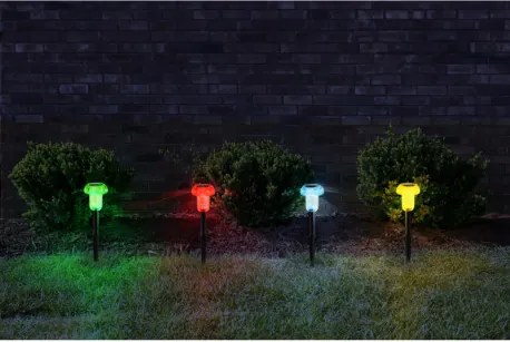 Globo 33987-4 Solar lámpa, műanyag fekete matt, műanyag átlátszó, akkumulátorral: AAA 150mAh 1,2V, IP44, ø: 62mm, M: 137mm, leszúrható tüske: 10cm, 4 db-os szett, tartozék: LED 0,05W 3V, 1-1 db piros LED, kék LED, zöld LED, sárga LED