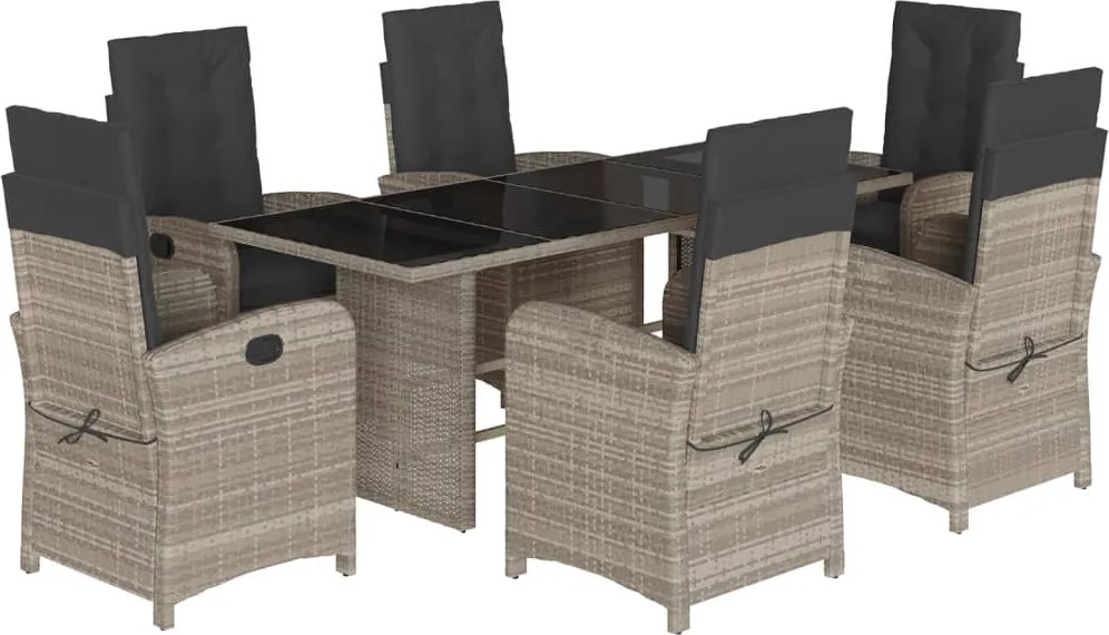 vidaXL 7 részes világosszürke polyrattan kerti étkezőszett párnával