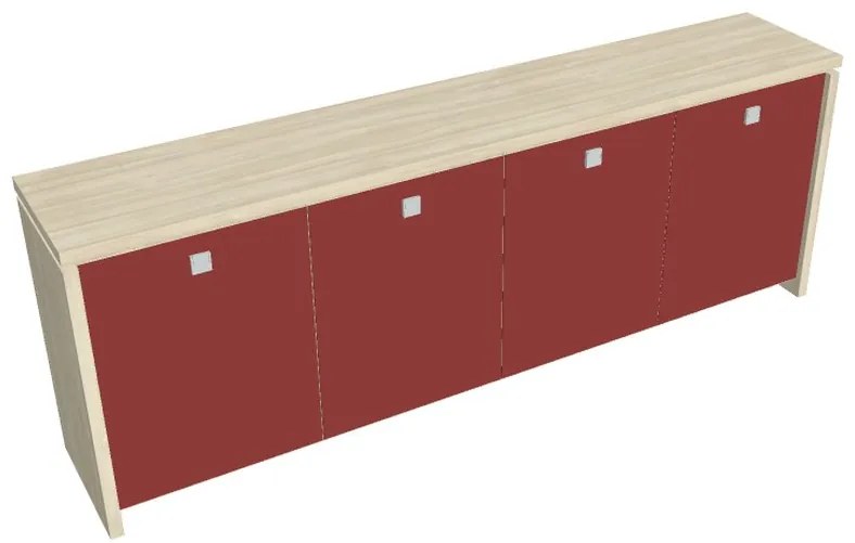 Verno alacsony szekrény 248 x 46 x 90 cm, üvegajtó, akác / piros