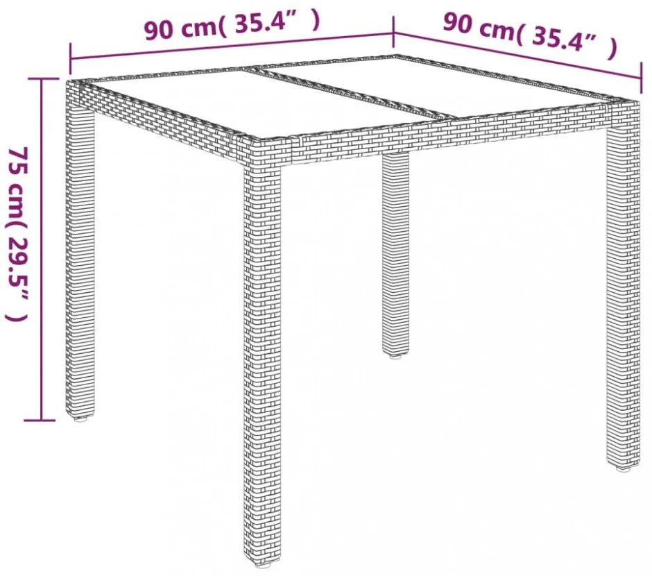 szürke polyrattan üveglapos kerti asztal 90 x 90 x 75 cm