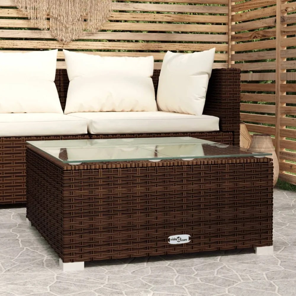 Barna polyrattan és üveg kerti dohányzóasztal 60 x 60 x 30 cm