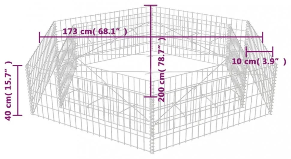 hatszögletű gabion magaságyás 200 x 173 x 40 cm