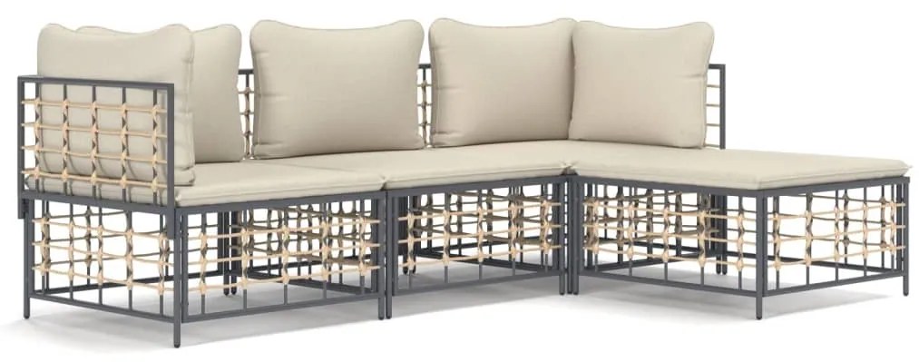 4 részes antracitszürke polyrattan kerti ülőgarnitúra párnákkal