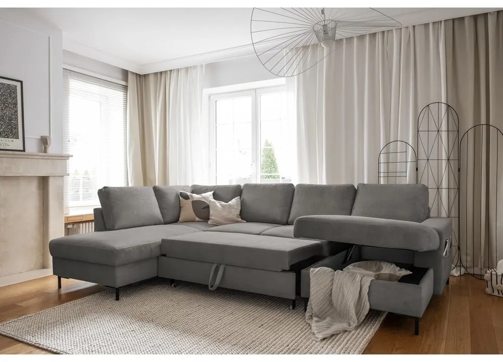 Szürke kordbársony kinyitható sarokkanapé (bal oldali) Lofty Lilly – Miuform