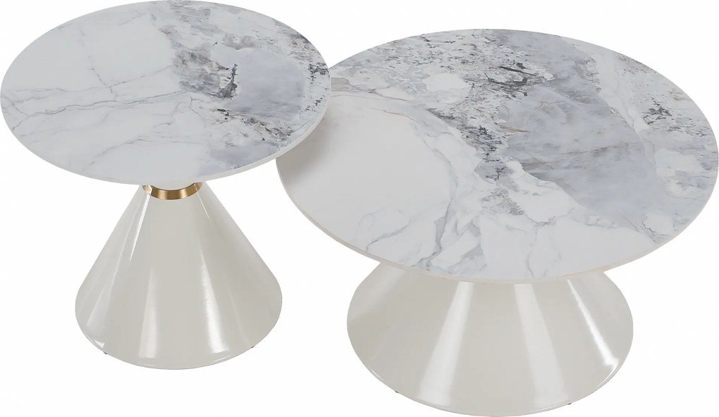 Dohányzóasztalok, 2 db-os szett, fehér márvány/fehér/arany, acél, MABUZ