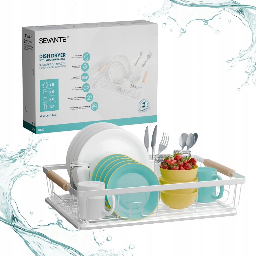 Csepegtető konyhai edényszárító fa fogantyúkkal, fehér