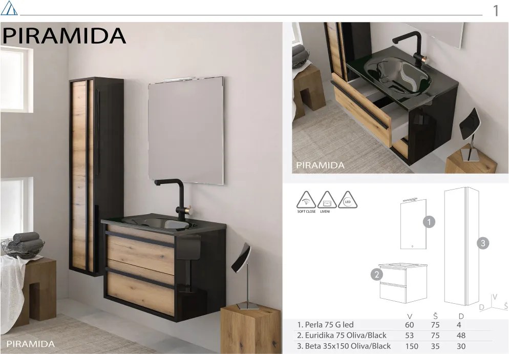 Piramida EURIDIKA OLIVA - FEKETE BETA fali fürdőszobai - ÁLLÓSZEKRÉNY - 35 x 150 x 30 cm