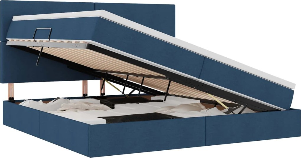 vidaXL Ágy tárolóval és matraccal Kék 200 x 200 cm Poliészter
