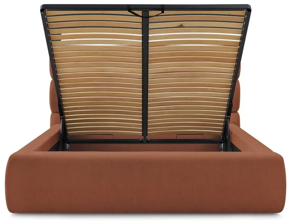 Narancssárga kárpitozott franciaágy tárolóhellyel, ágyráccsal 160x200 cm Jagna – Bobochic Paris