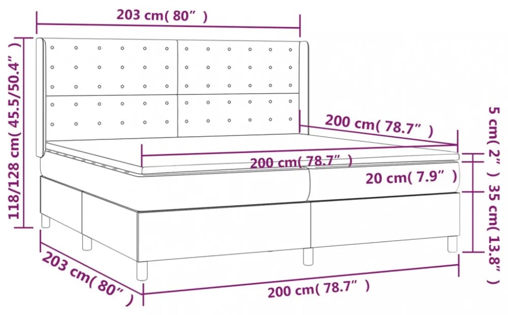 világosszürke szövet rugós és LED-es ágy matraccal 200x200 cm