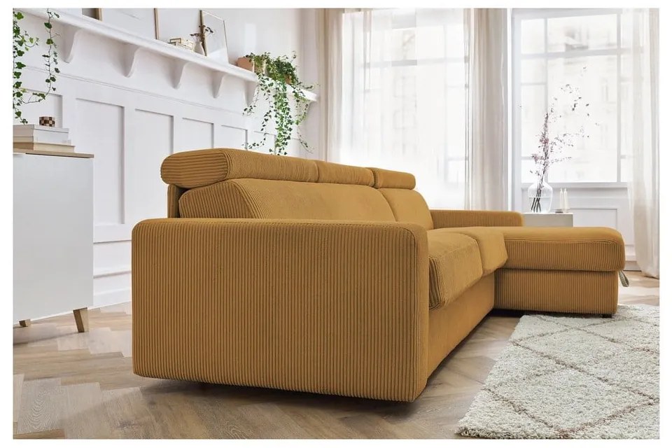 Mustársárga kordbársony kinyitható sarokkanapé (variálható) Monaco – Bobochic Paris