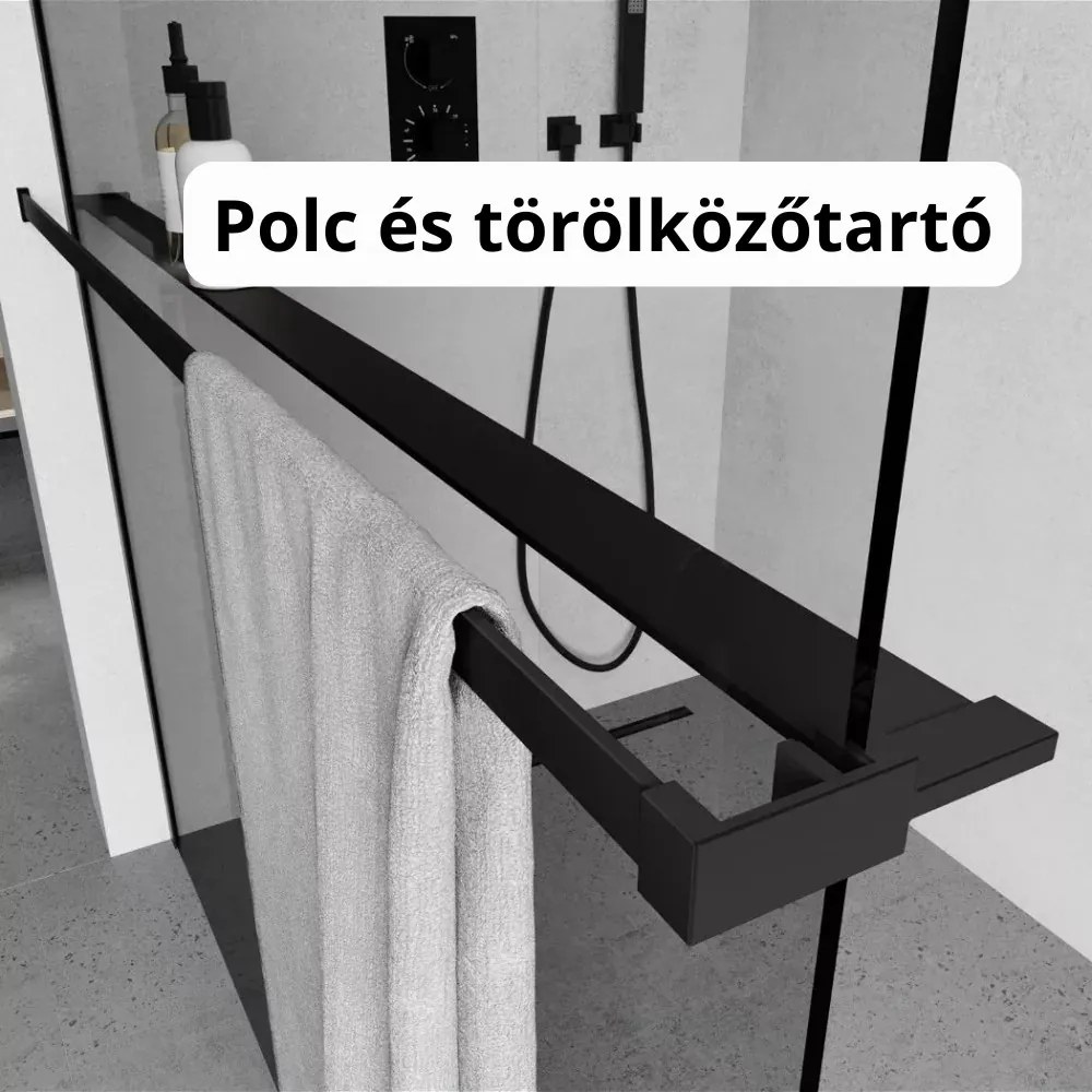 Stuxi Milano Gate Black Plus 2 falsíkra szerelhető, két oldalfalas walk-in zuhanyfal, 90x110 cm, 8 mm vastag vízlepergető biztonsági üveggel, helytakarékos sarokmerevítőkkel