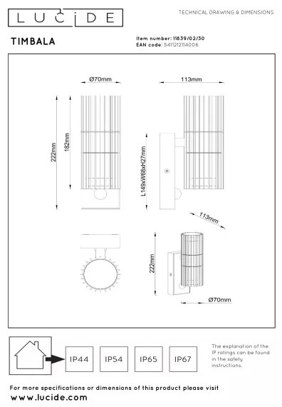 Lucide 11839/02/30 - TIMBALA kültéri fali lámpa érzékelővel 2xGU10/7W/230V IP44