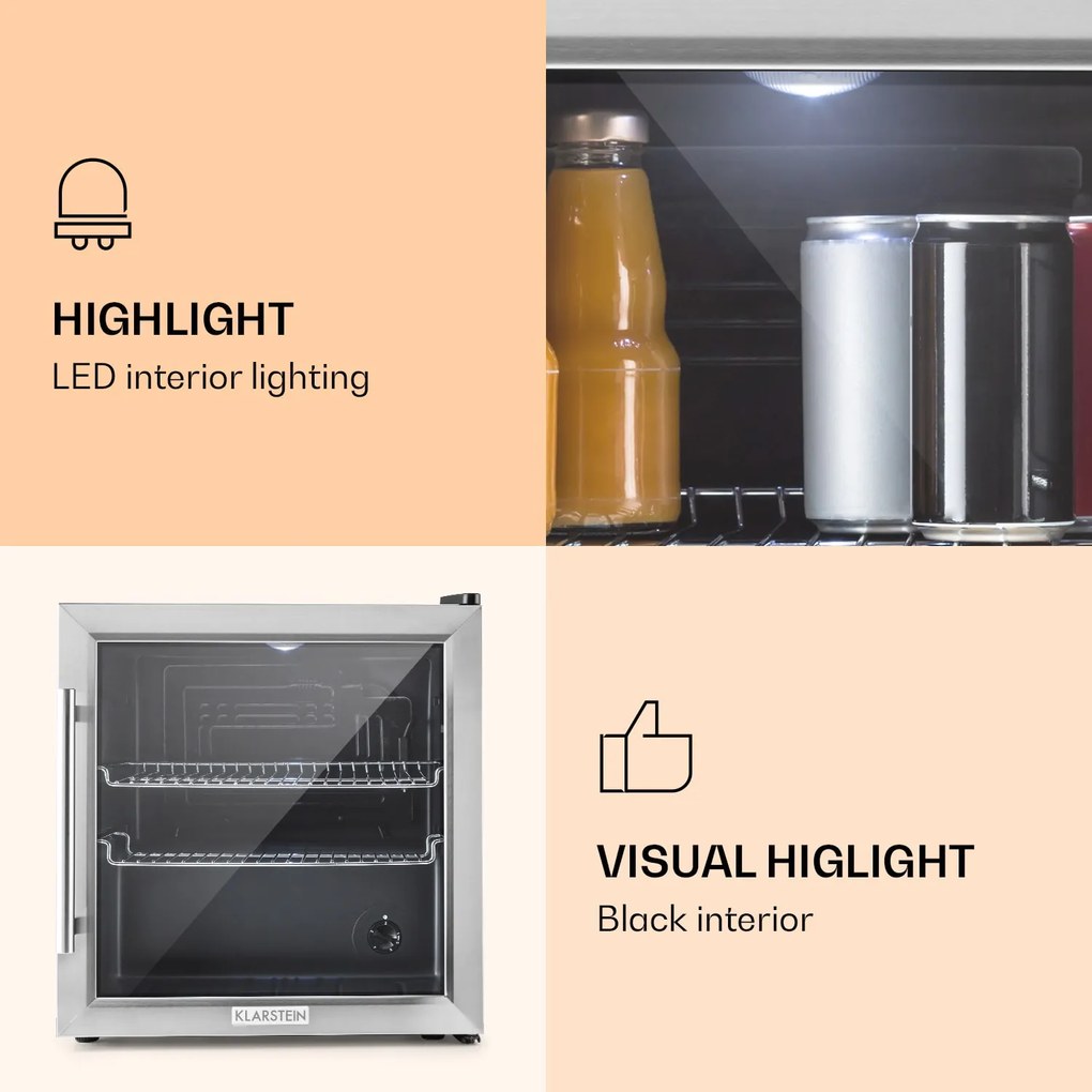 Klarstein Beersafe L, hűtőszekrény 47 liter, E energiahatékonysági osztály, üvegajtó, rozsdamentes acél