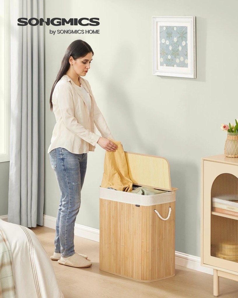 Fedeles bambusz mosókosár, 100 L, 2 rekeszes, hajtogatható bélészsákkal