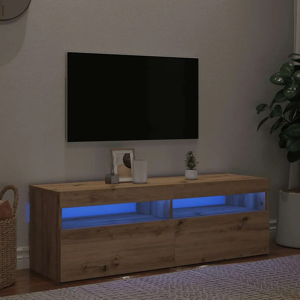 kézműves tölgy szerelt fa TV-szekrény LED-ekkel 120x35x40 cm
